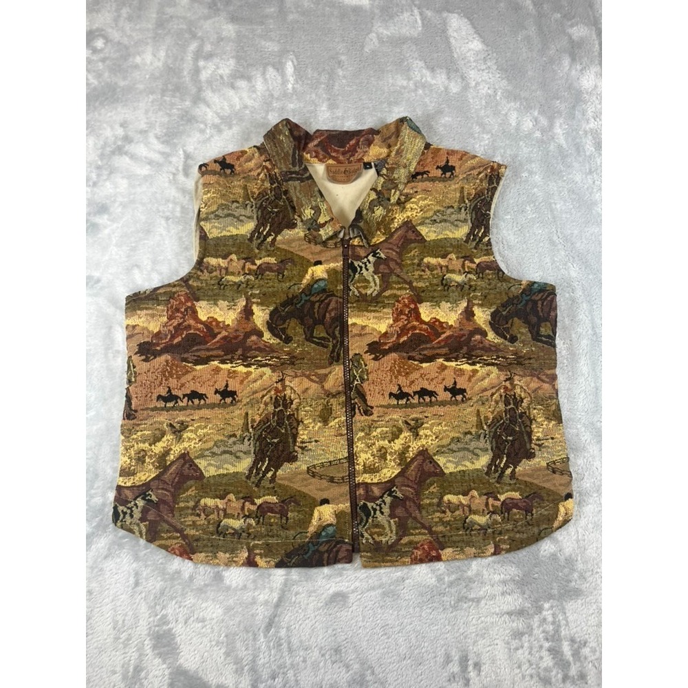 Vintage Saddle Ridge XL Vest Western Cowboy Lasso Tapestry Cotton Rodeo Art